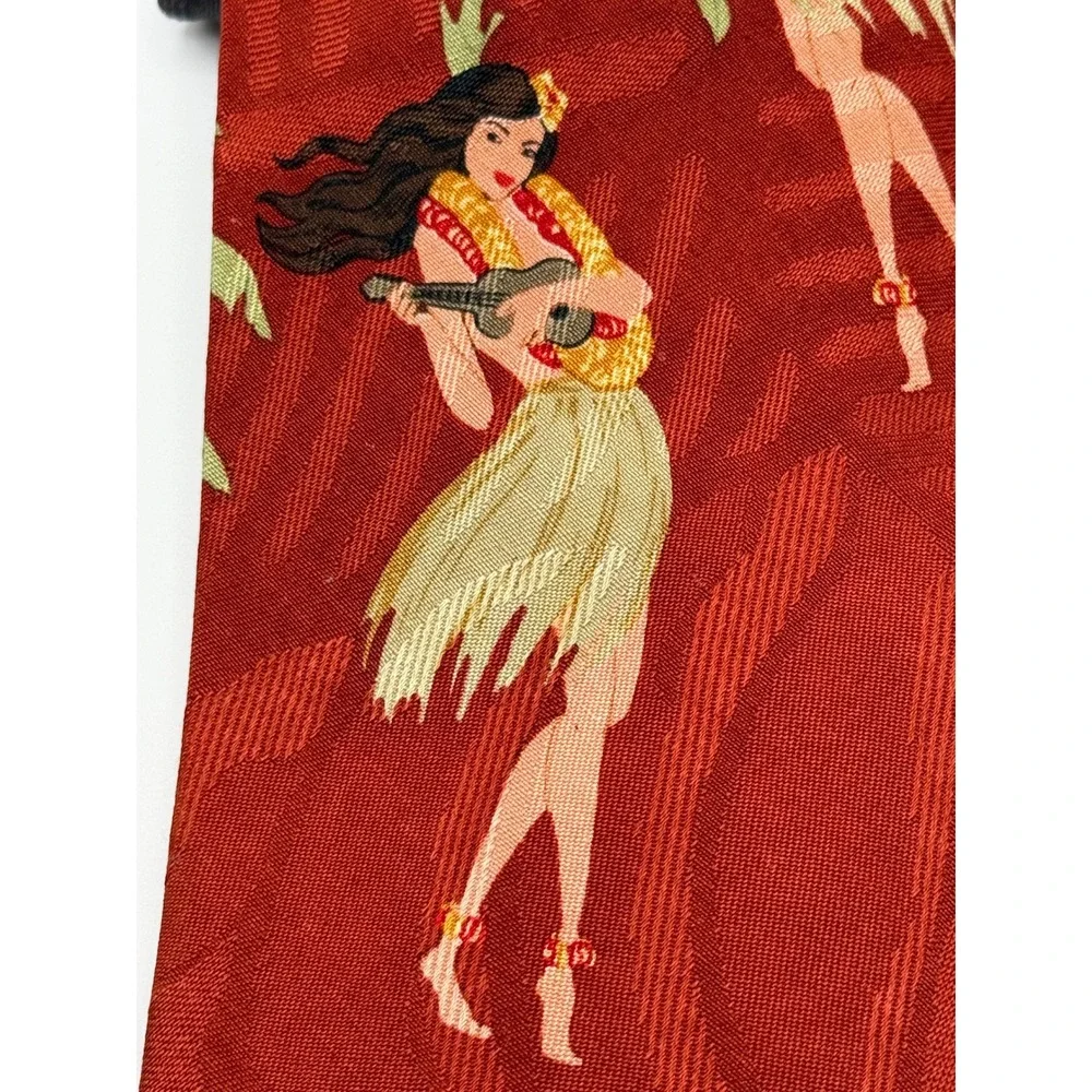 Tommy Bahama Silk Tie OS Red Hula Girl Ukulele Tropical Tiki Hawaiian Retro Palm